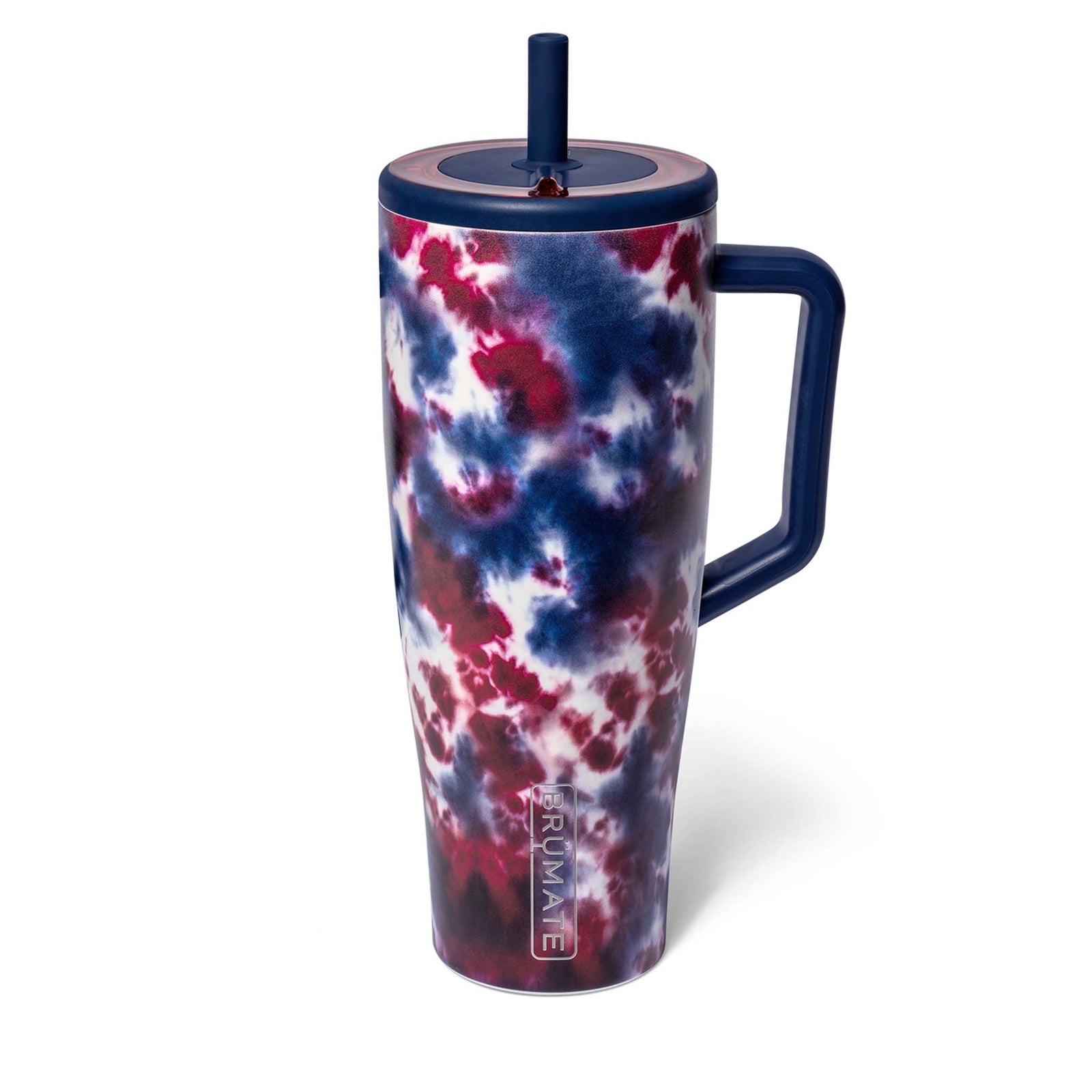 BrüMate Era 40oz tumbler in Starburst print with navy lid, built-in straw, and handle. Features a red, white, and blue tie-dye design.