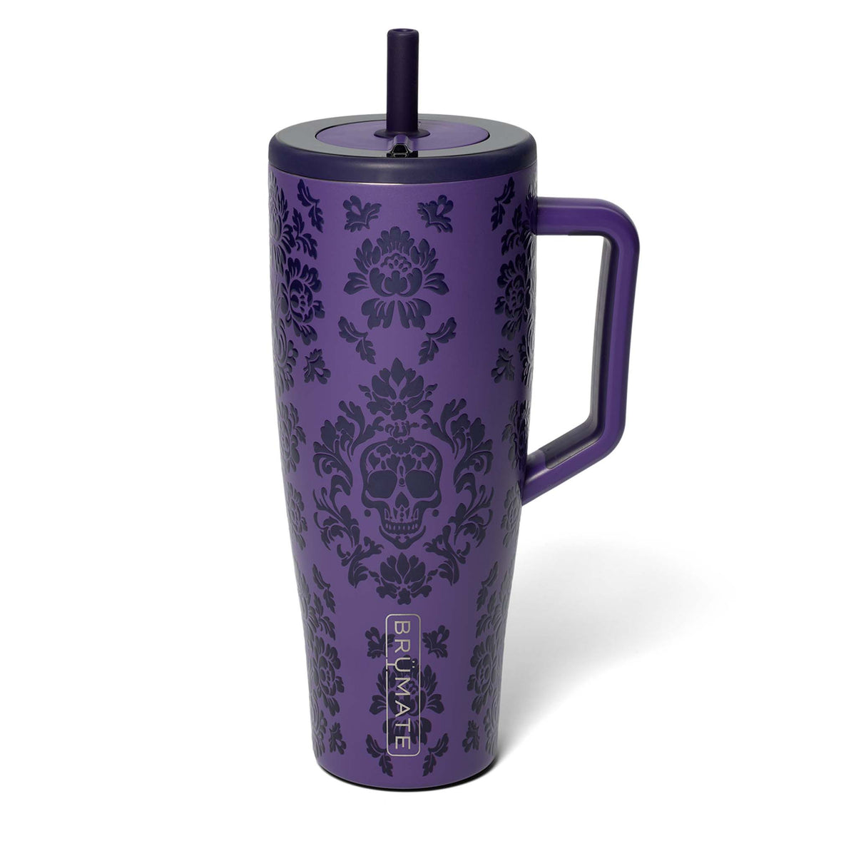 Purple mug with skull design and handle on a white background