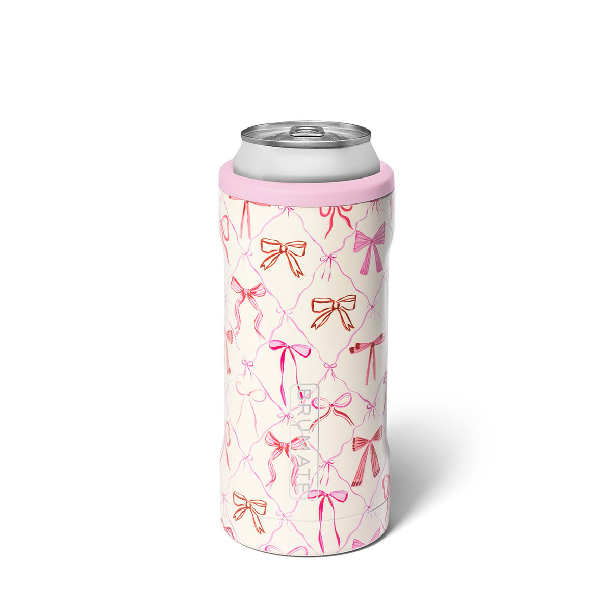 Brümate 12oz Hopsulator Slim can cooler in Bow pattern with pink rim and pink and red bow illustrations.