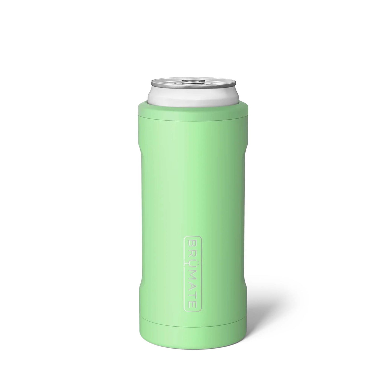 BrüMate Slim Hopsulator in Kiwi, shown with a slim can inserted. Features a vibrant light green finish and double-wall insulation to keep drinks cold. Designed to fit 12oz slim cans securely.
