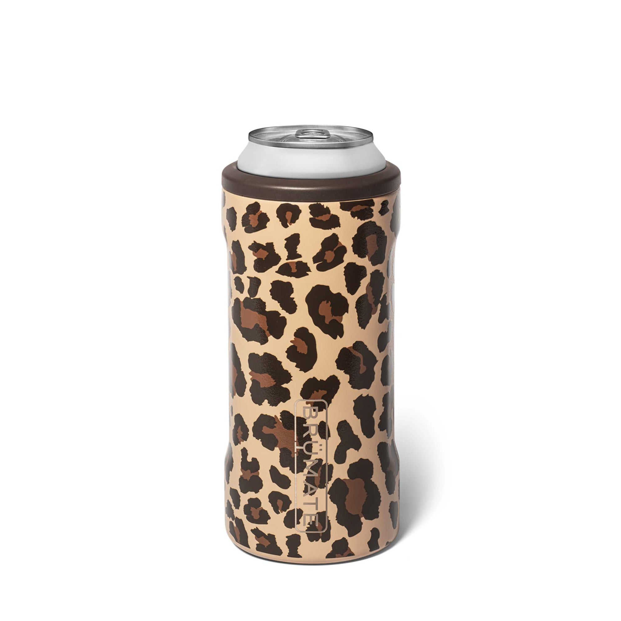Leopard print can cooler with a white can inside on a white background