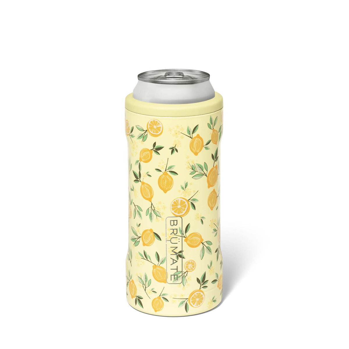BrüMate Hopsulator Slim in Limoncello lemon pattern with can inside, fits 12oz slim cans.