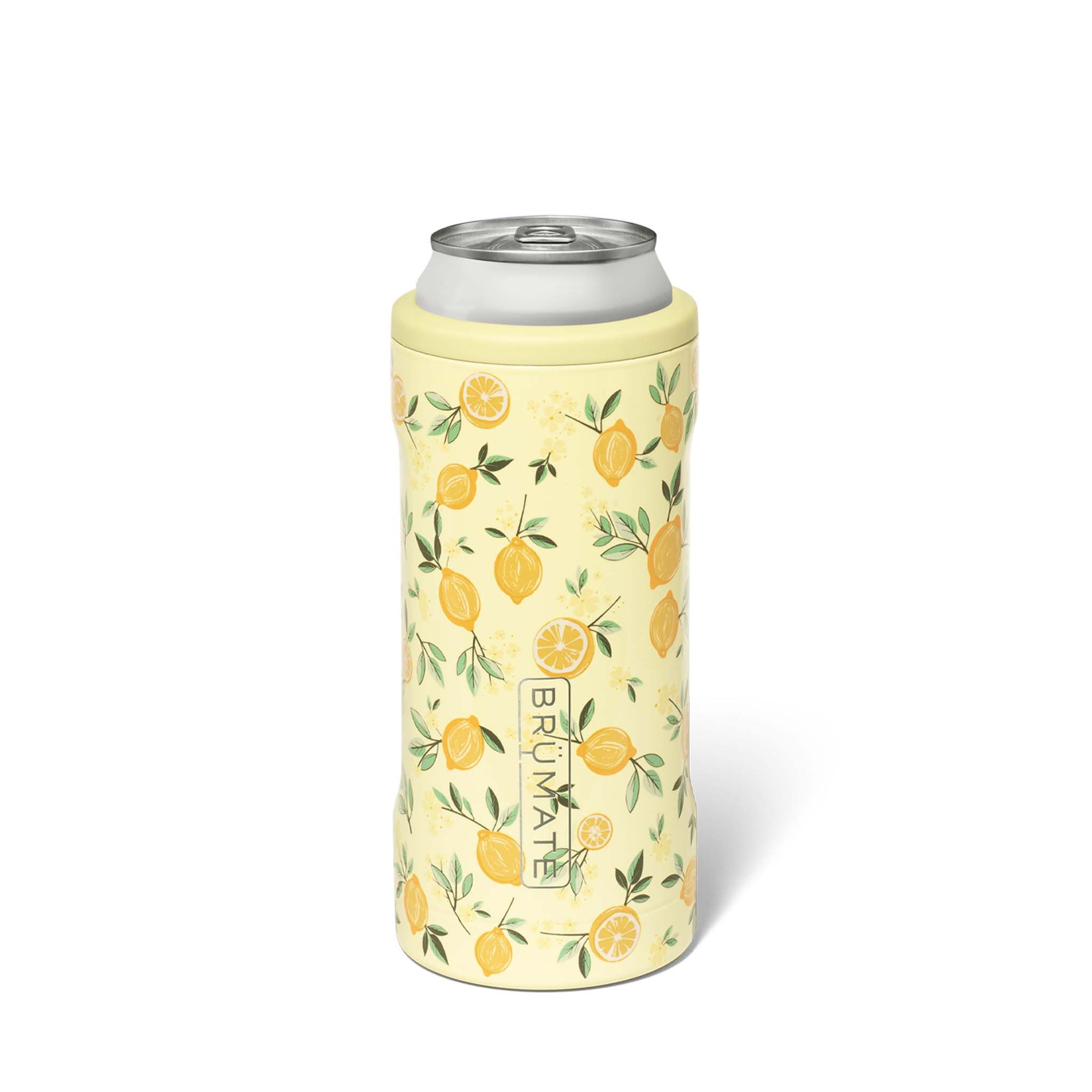 BrüMate Hopsulator Slim in Limoncello lemon pattern with can inside, fits 12oz slim cans.