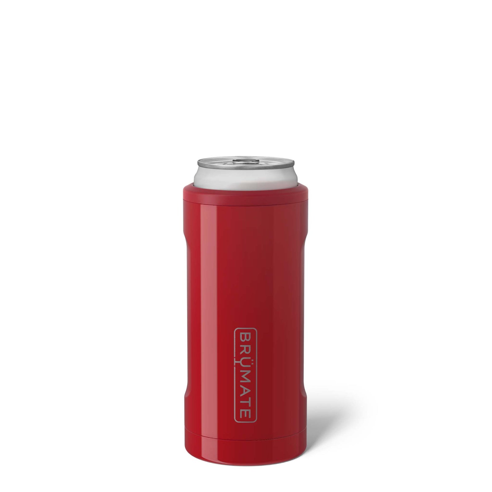 Brümate Hopsulator Slim can cooler in Maraschino red holding a slim can