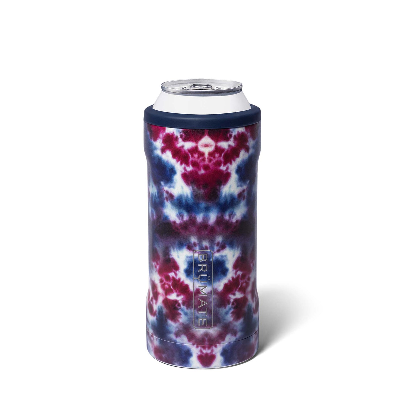 BrüMate Hopsulator Slim in Starburst print with red, white, and blue tie-dye pattern, holding a white slim can.