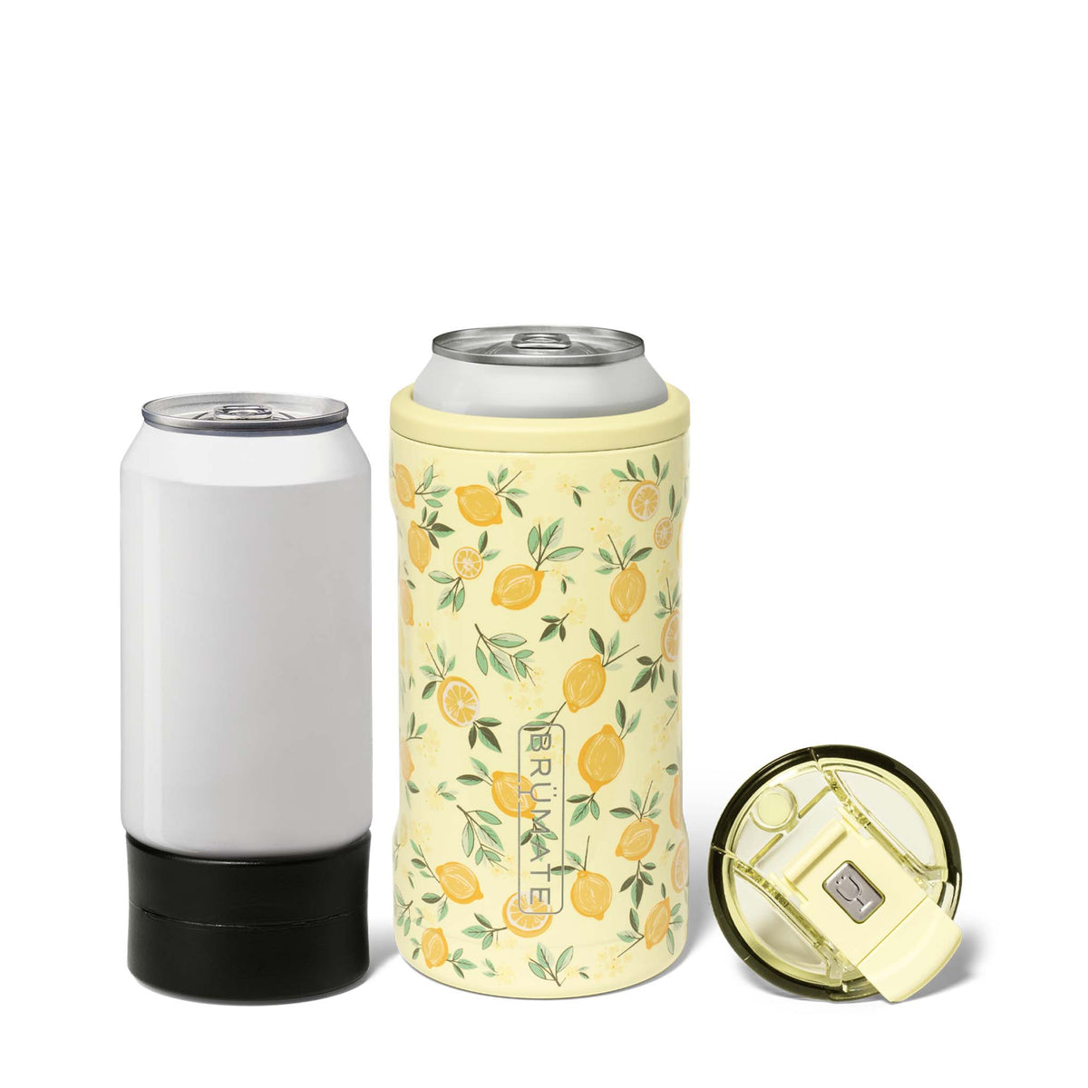BrüMate Hopsulator Trio in Limoncello with lid and can adapter shown next to full and empty cans.