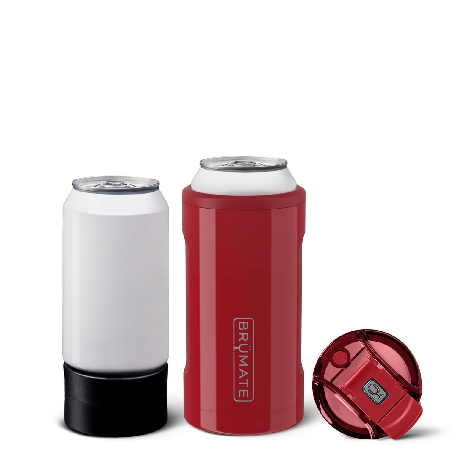 Brümate Hopsulator Slim can cooler in Maraschino red holding a slim can.