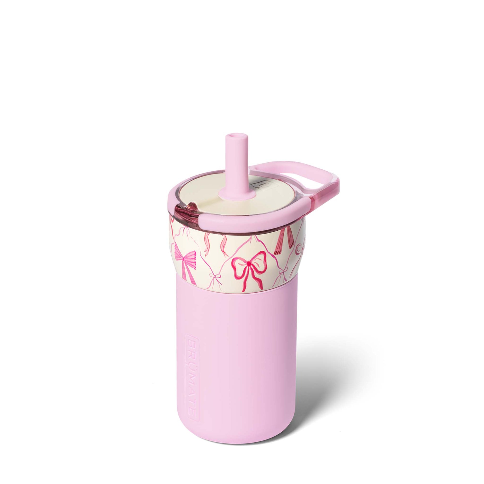 Brümate 12oz Leap in Bow pattern with light pink base, pink lid, and reusable straw.