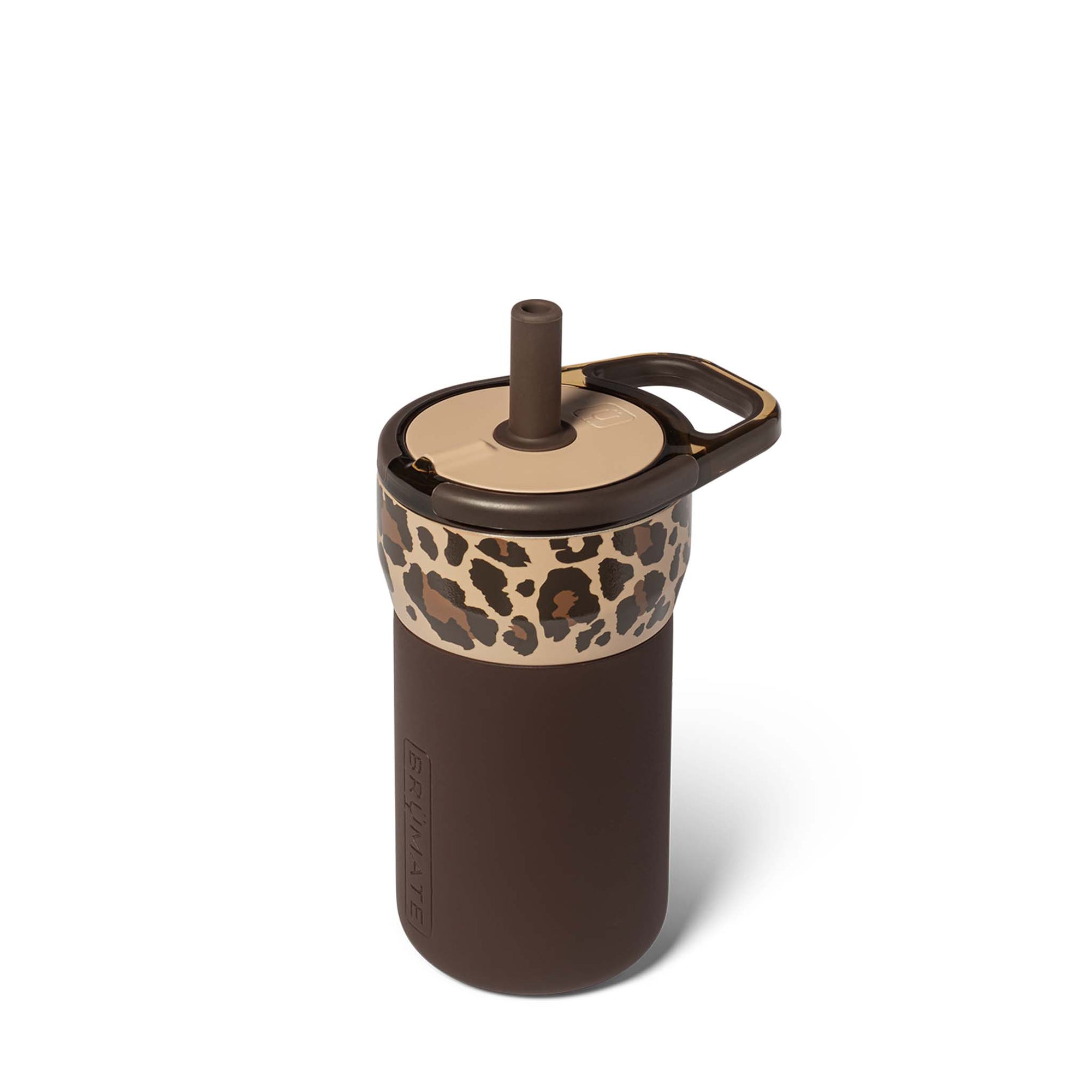 Brown tumbler with leopard print band on a white background