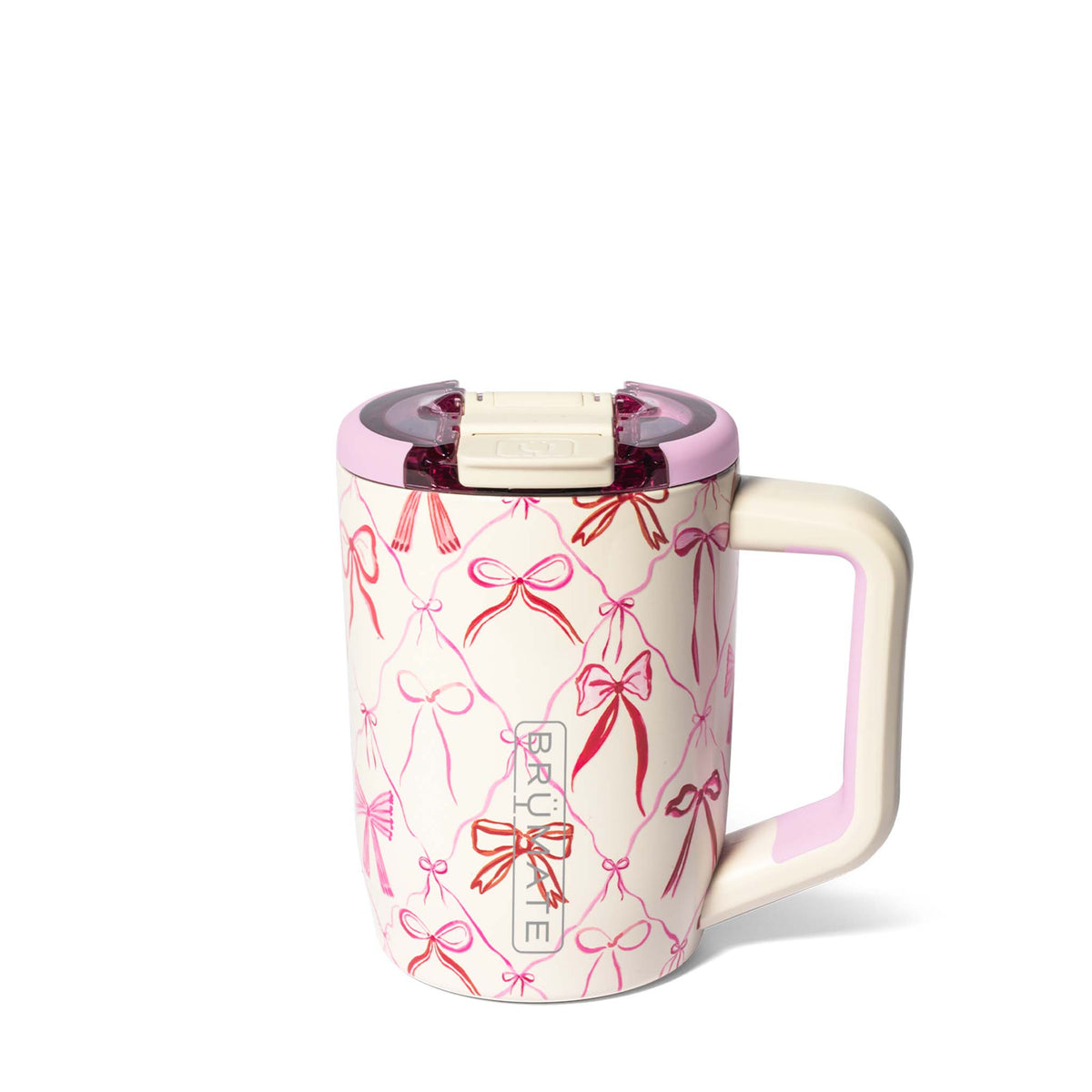 Brümate 15oz MUV mug in Bow pattern with pink and red bow illustrations, pink handle accents, and leakproof lid.