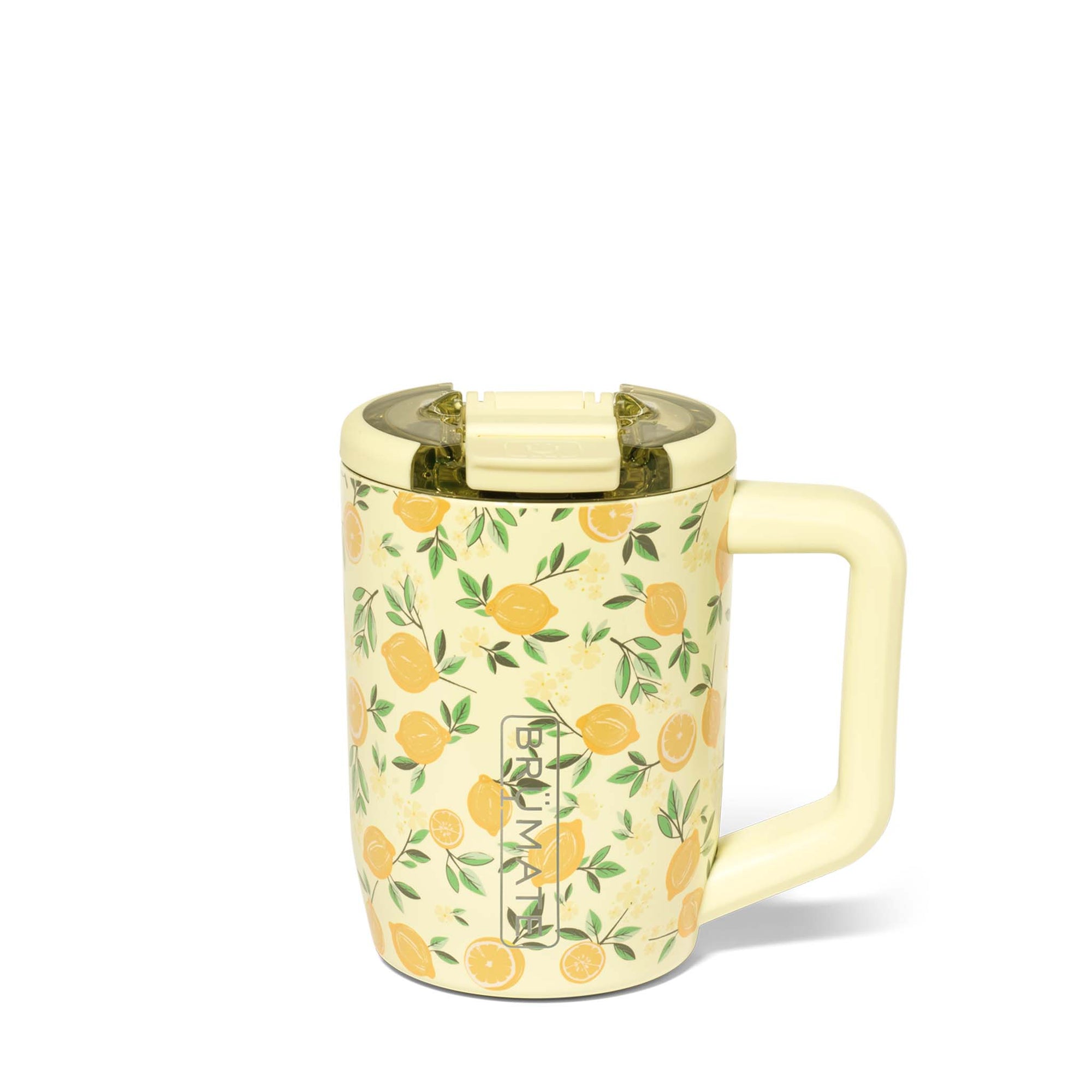 BrüMate MUV mug 15oz in Limoncello print with lemons and greenery, yellow handle and leakproof lid.