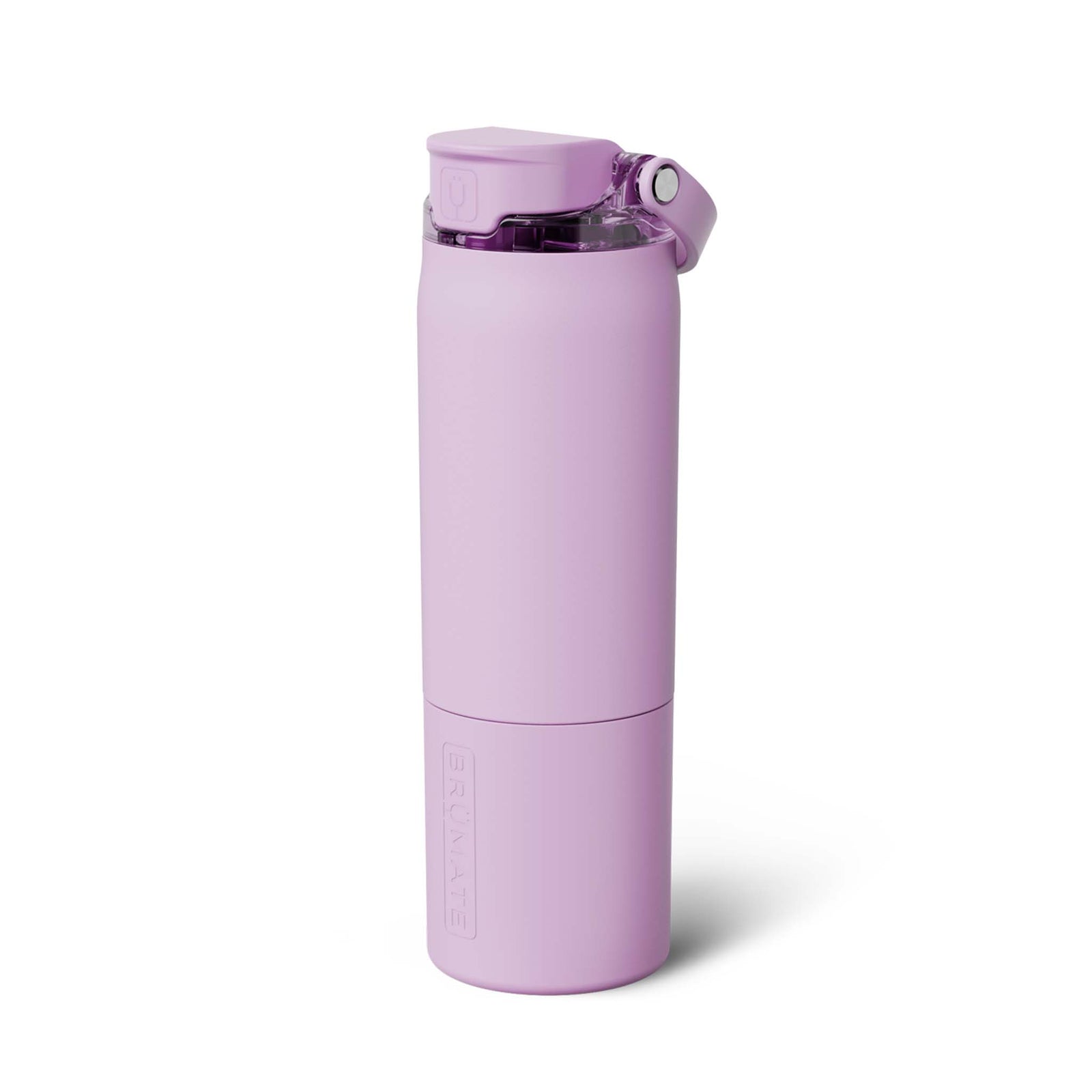 BrüMate Rehydration Bottle in Lavender featuring a matte pastel purple finish and flip-top lid, displayed upright on a white background.