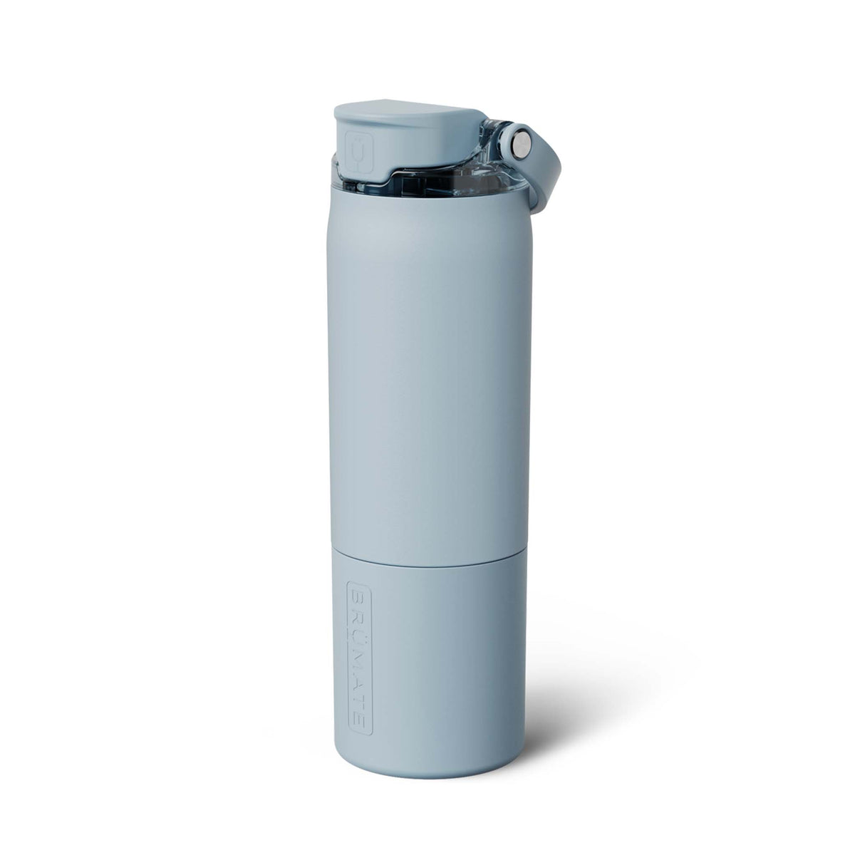 BrüMate Rehydration Bottle in Mist with flip-top lid and matte light blue finish, shown standing upright against a white background.