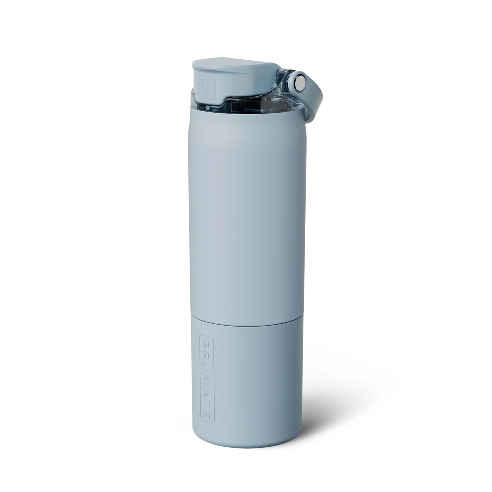 BrüMate Rehydration Bottle in Mist with flip-top lid and matte light blue finish, shown standing upright against a white background.