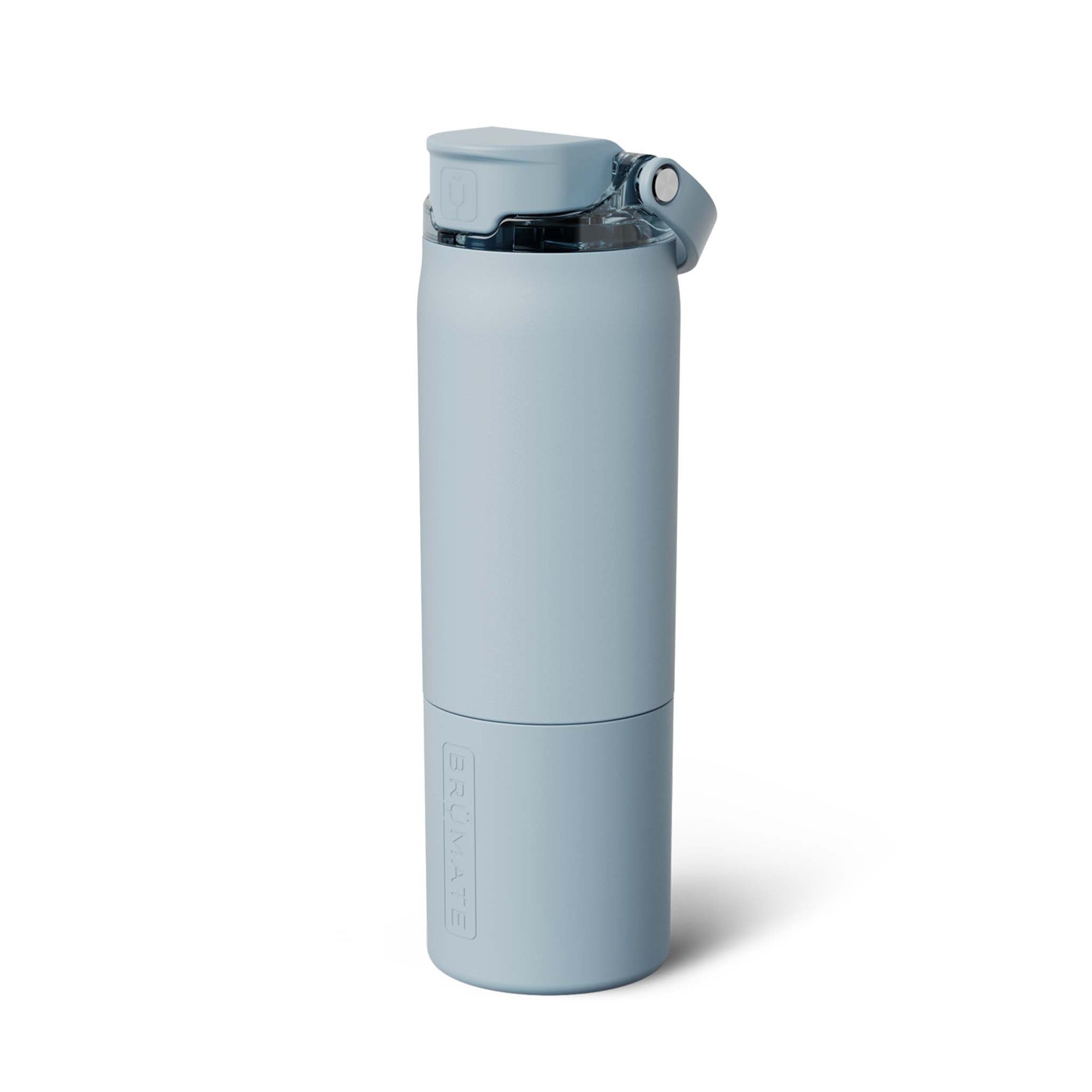 BrüMate Rehydration Bottle in Mist with flip-top lid and matte light blue finish, shown standing upright against a white background.