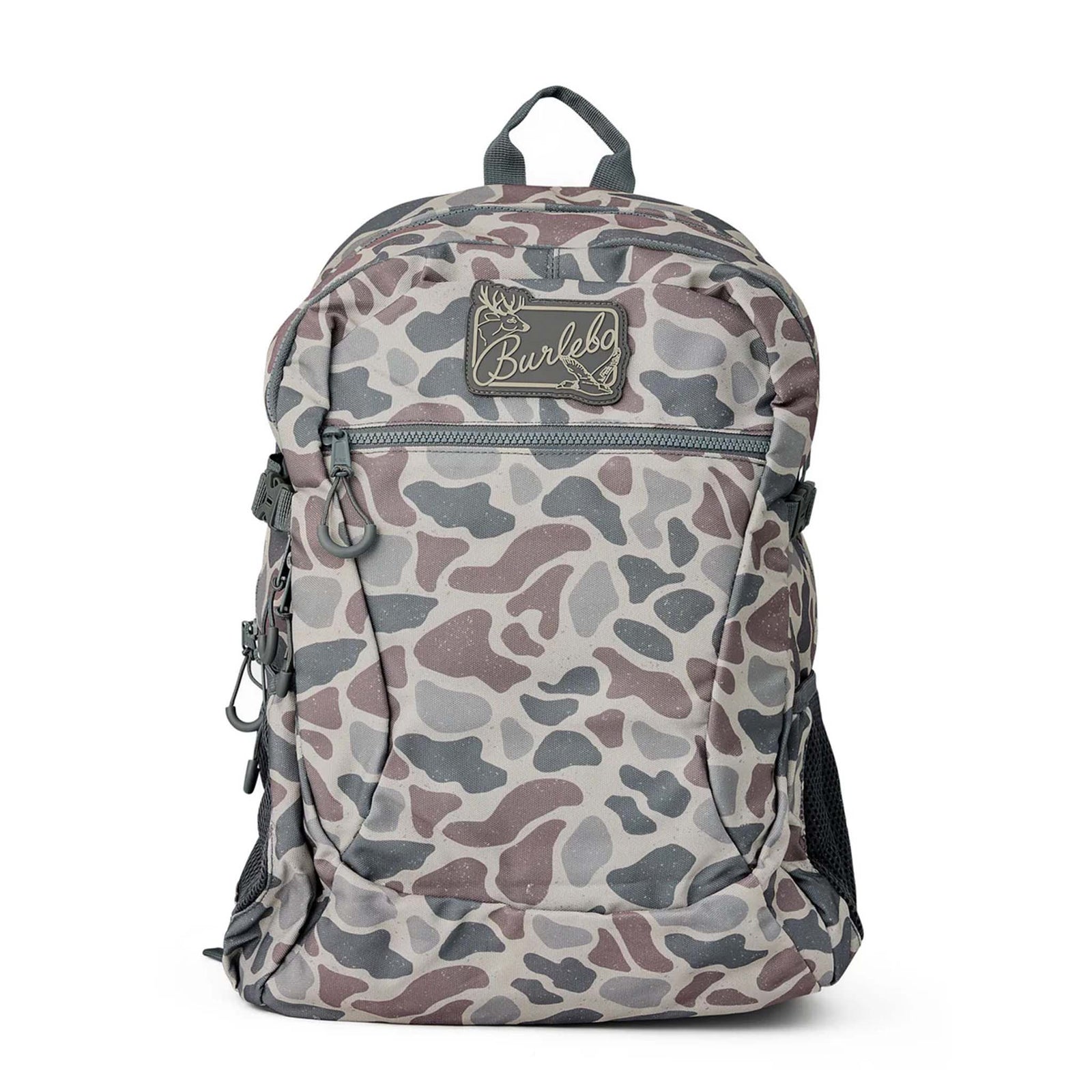 Camouflage-patterned backpack with a visible brand logo on a white background