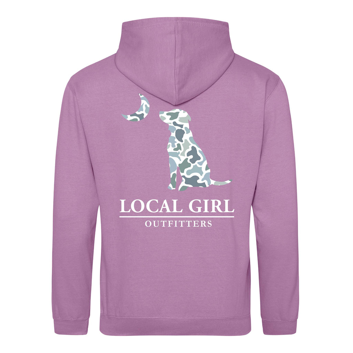 Purple hoodie with a dog graphic and text on the back against a white background
