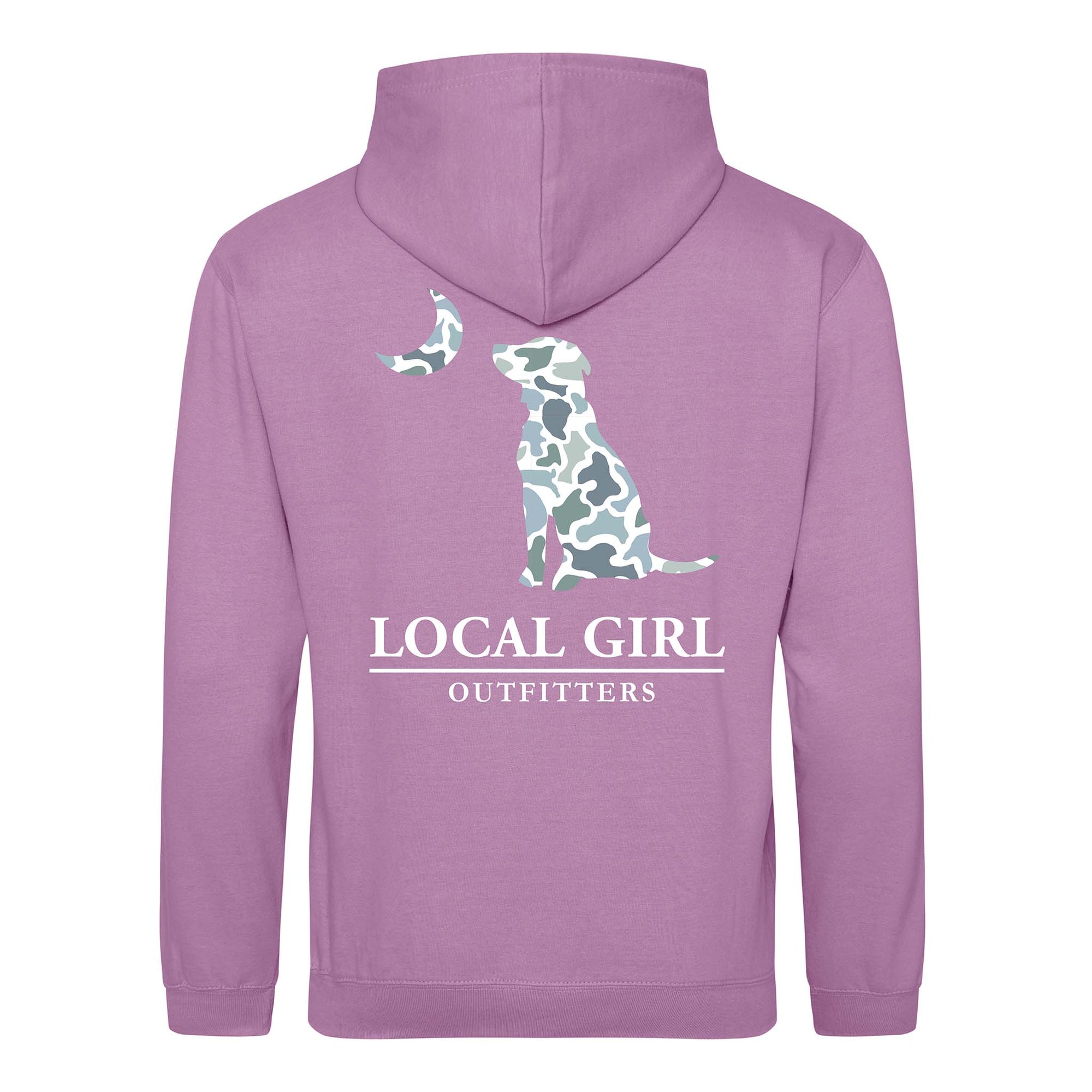 Purple hoodie with a dog graphic and text on the back against a white background