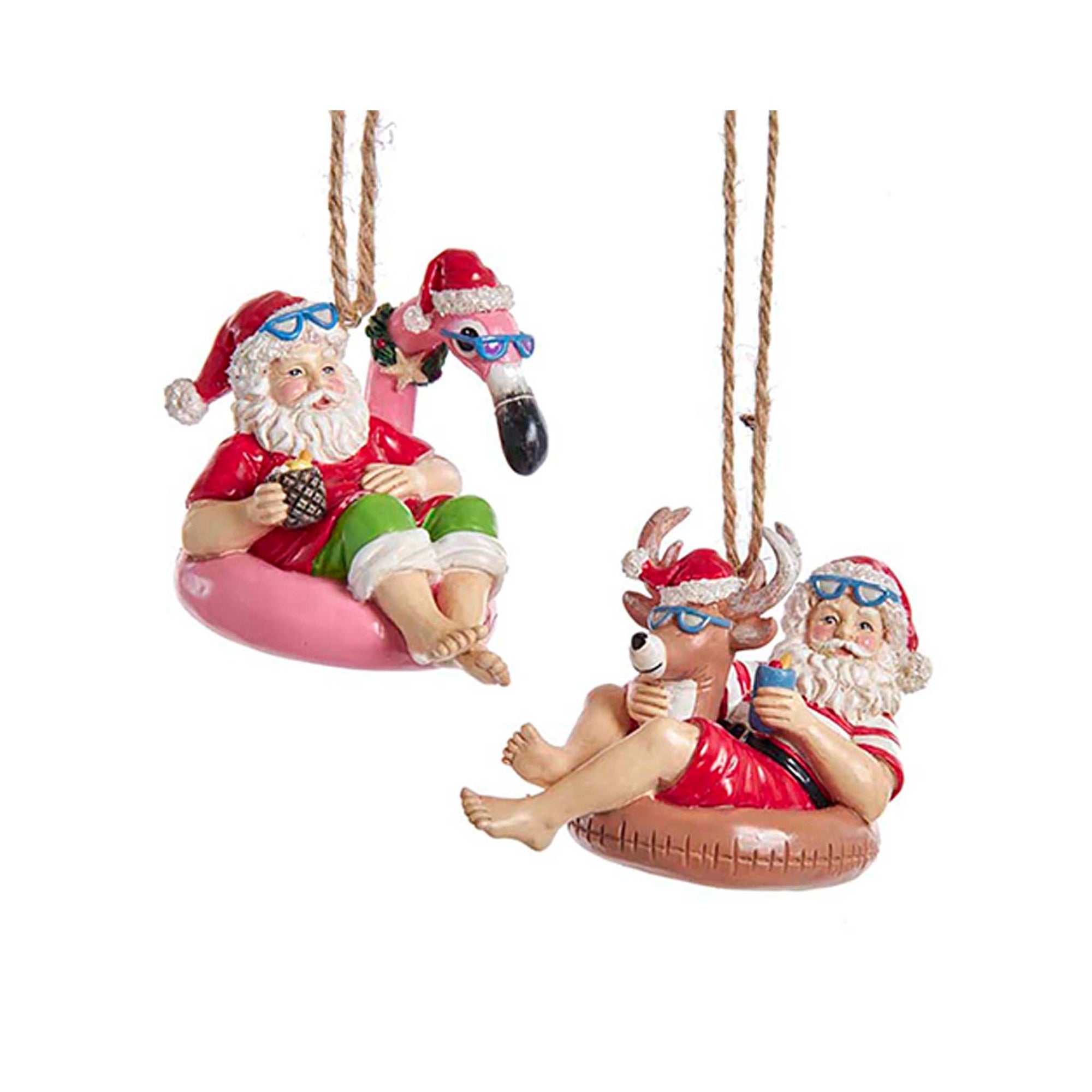 Assorted Santa ornaments with Santa lounging in floaties alongside a reindeer and flamingo, wearing sunglasses for a tropical holiday look.
