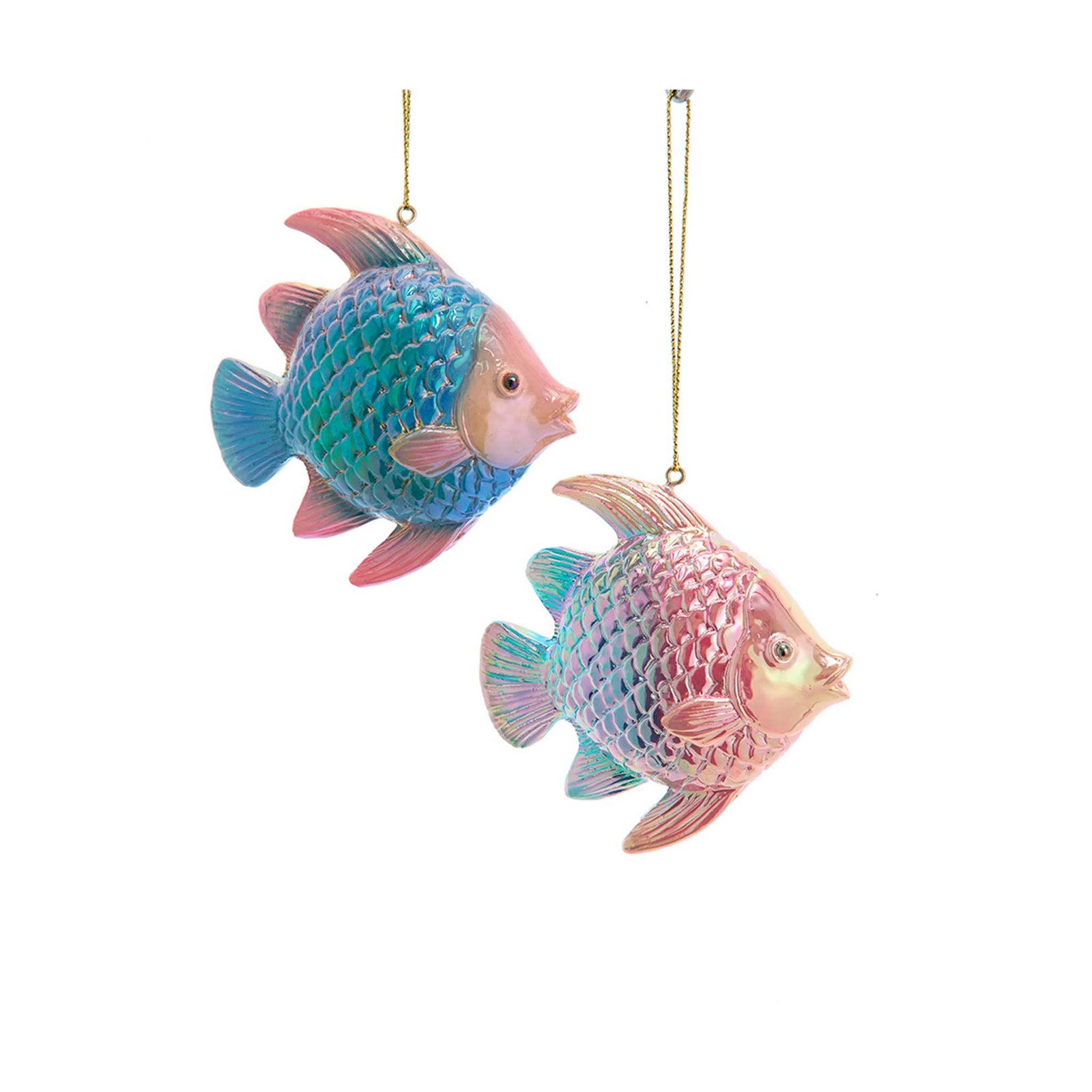 Assorted iridescent fish Christmas ornaments in blue and pink, designed to bring coastal style and shimmer to holiday décor.