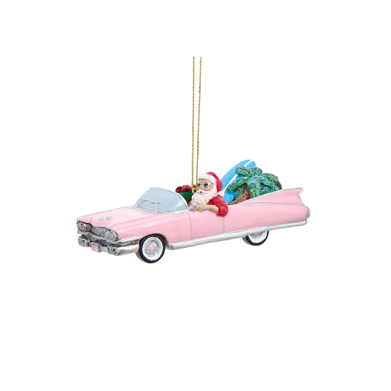 Santa Claus driving a pink convertible car ornament with gifts in the back.