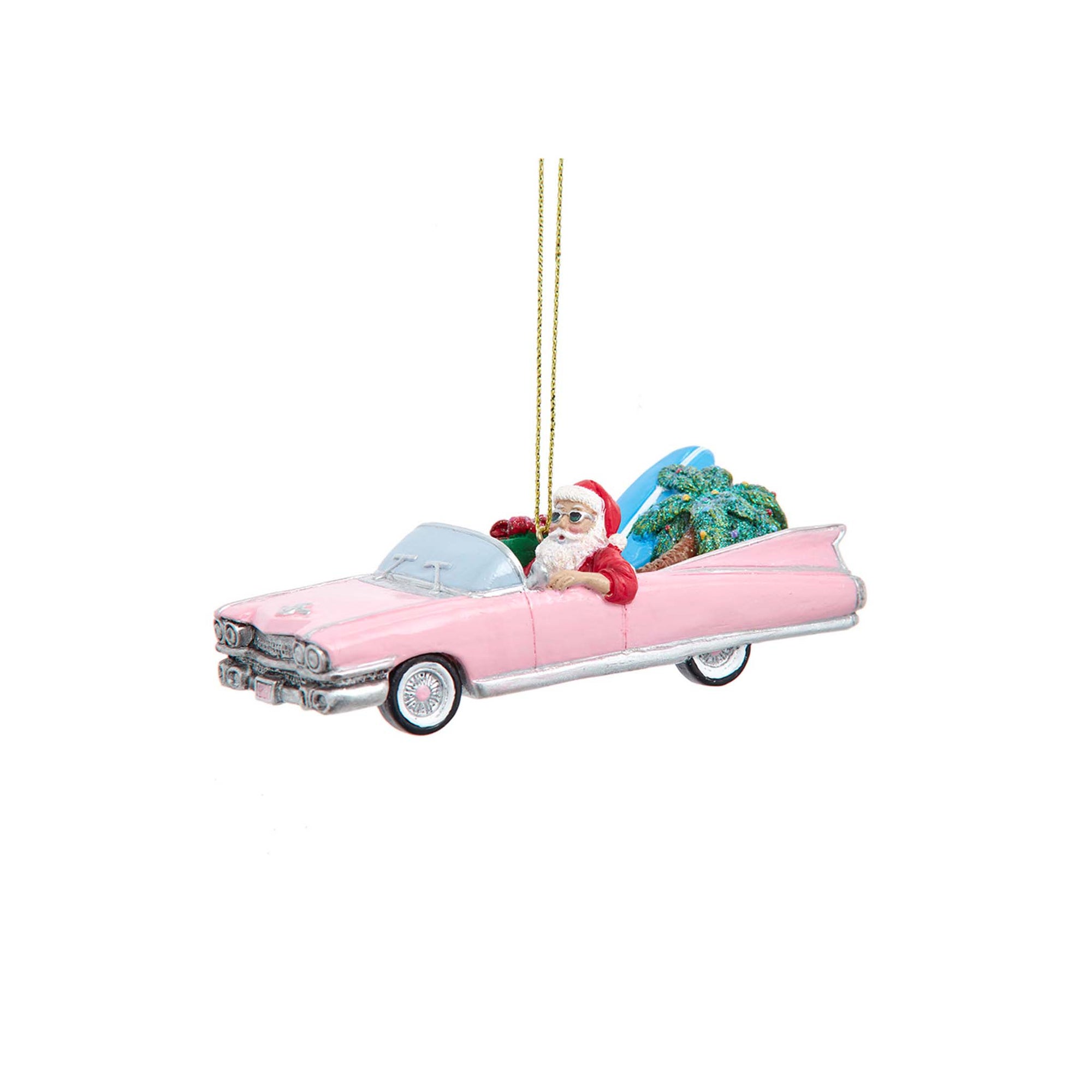 Santa Claus driving a pink convertible car ornament with gifts in the back.