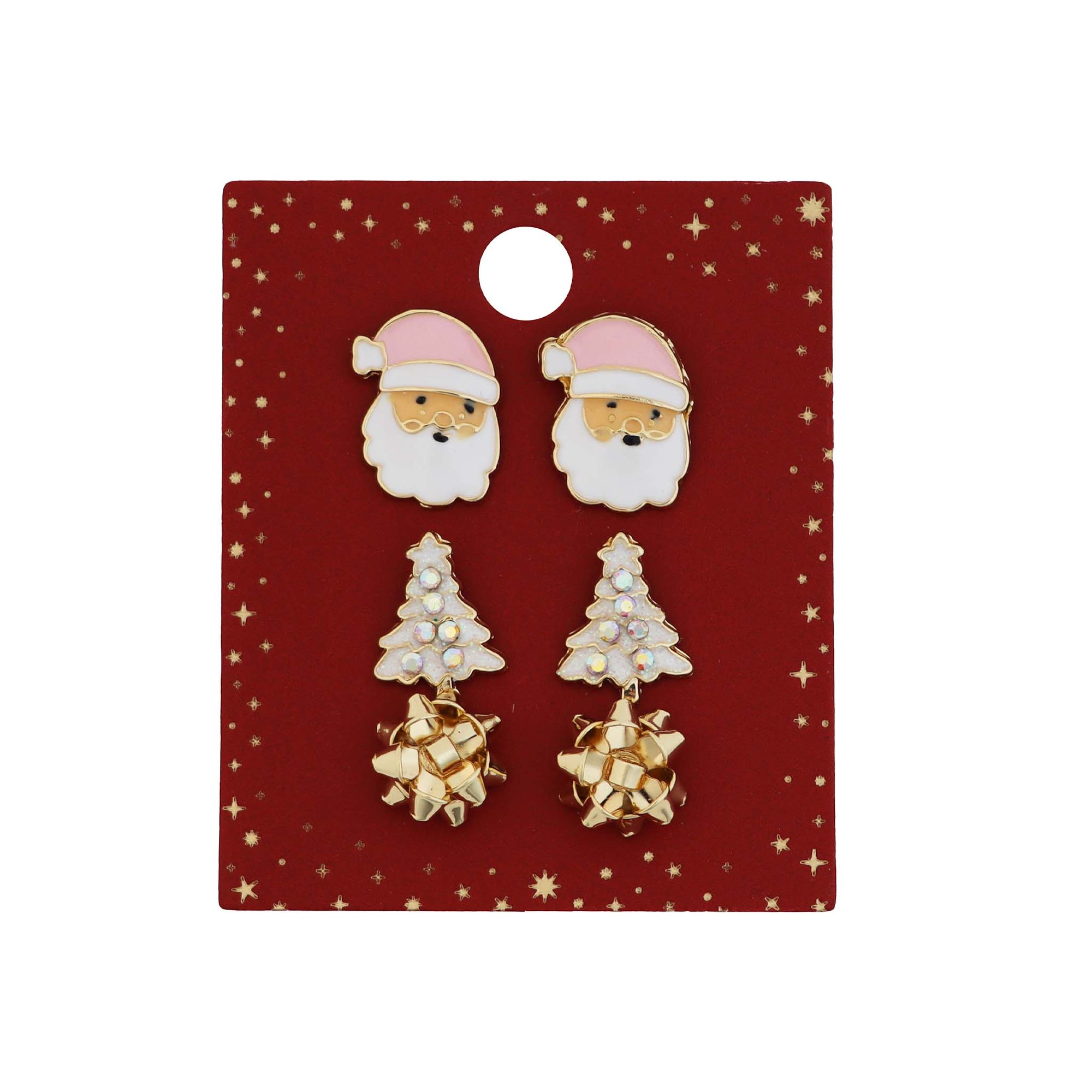 Pannee Group Christmas earring set with pink Santa face studs, iridescent Christmas tree studs, and gold bow studs on red starry display card.