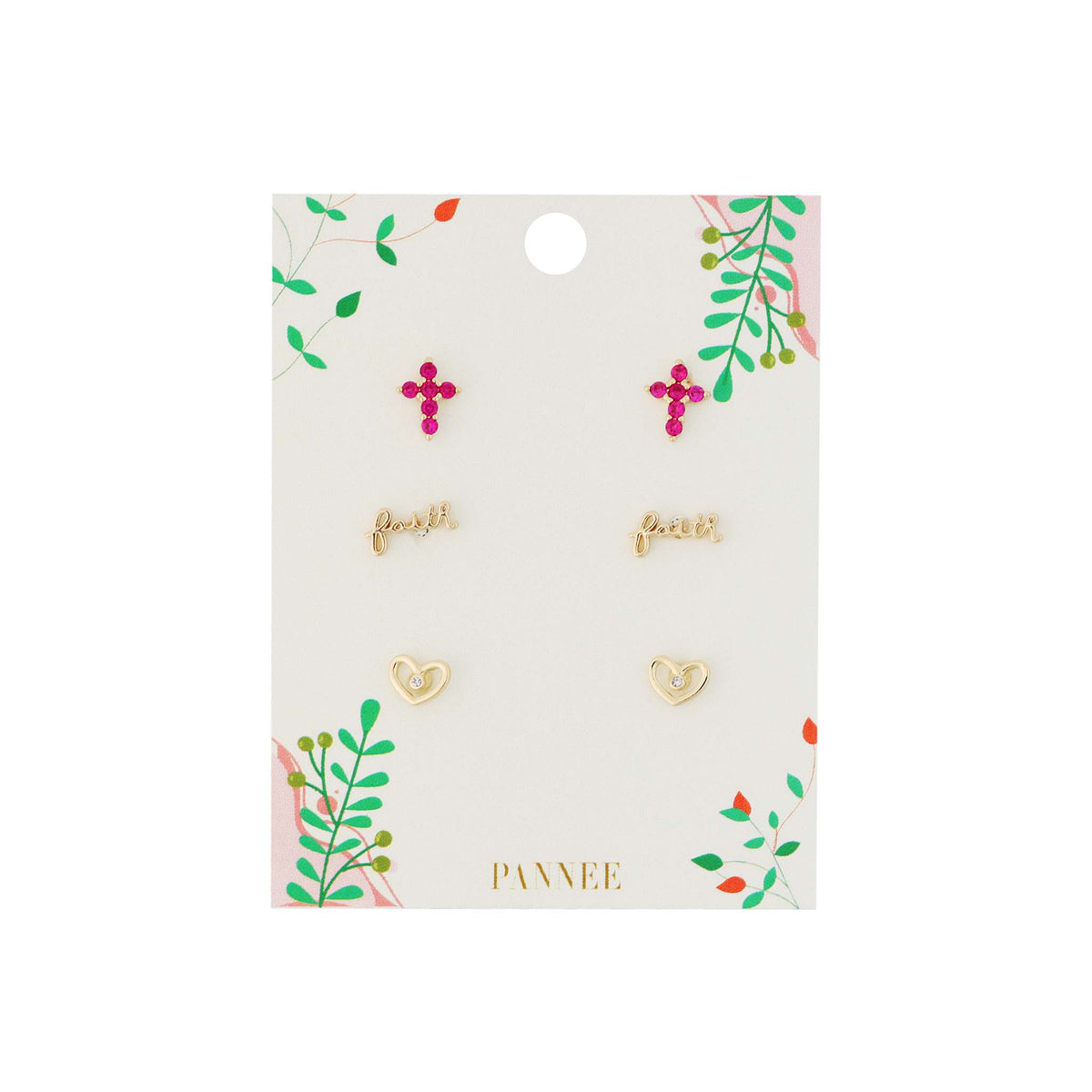 3 piece earring set with pink rhinestone crosses, script "faith", and heart stud earring pairs