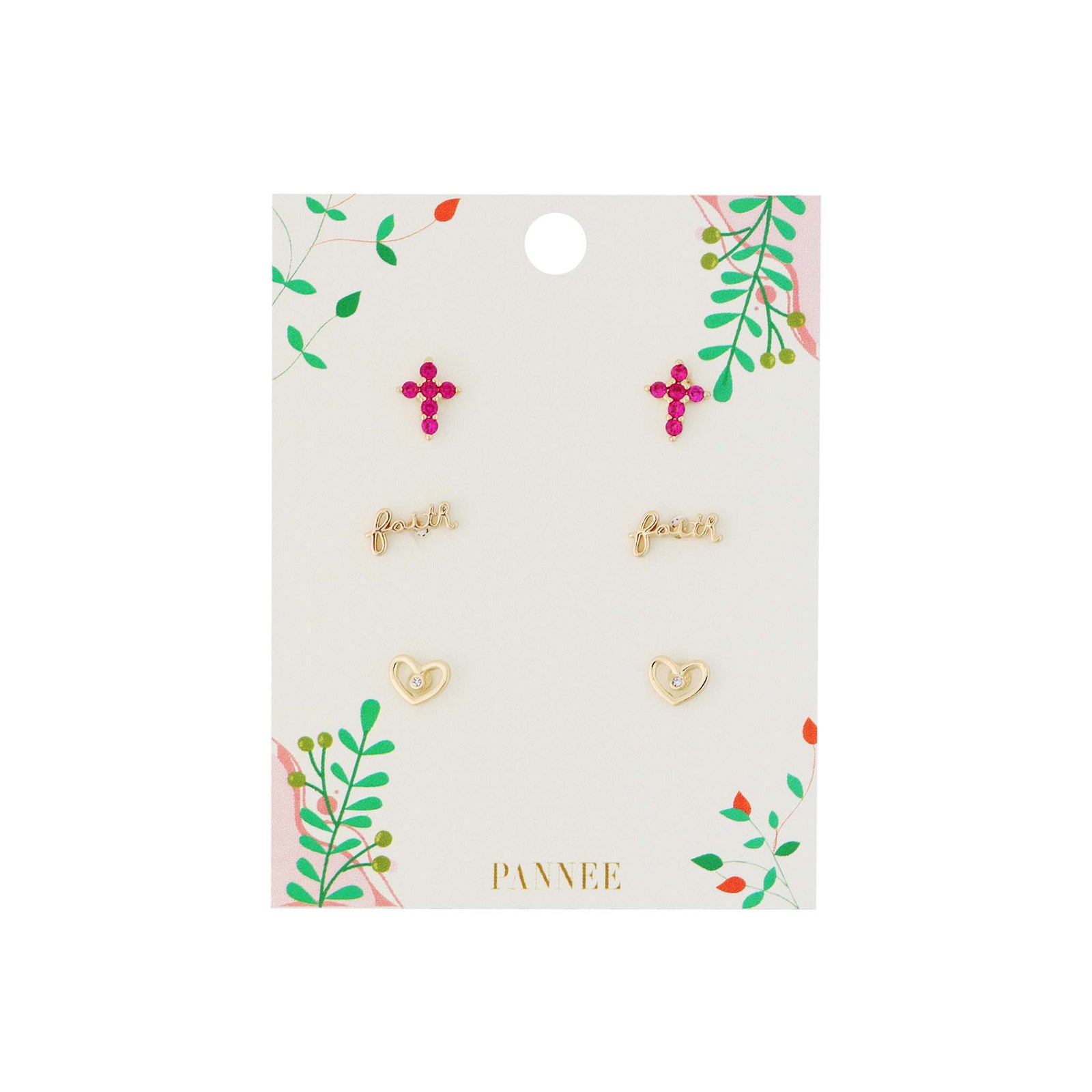 3 piece earring set with pink rhinestone crosses, script "faith", and heart stud earring pairs