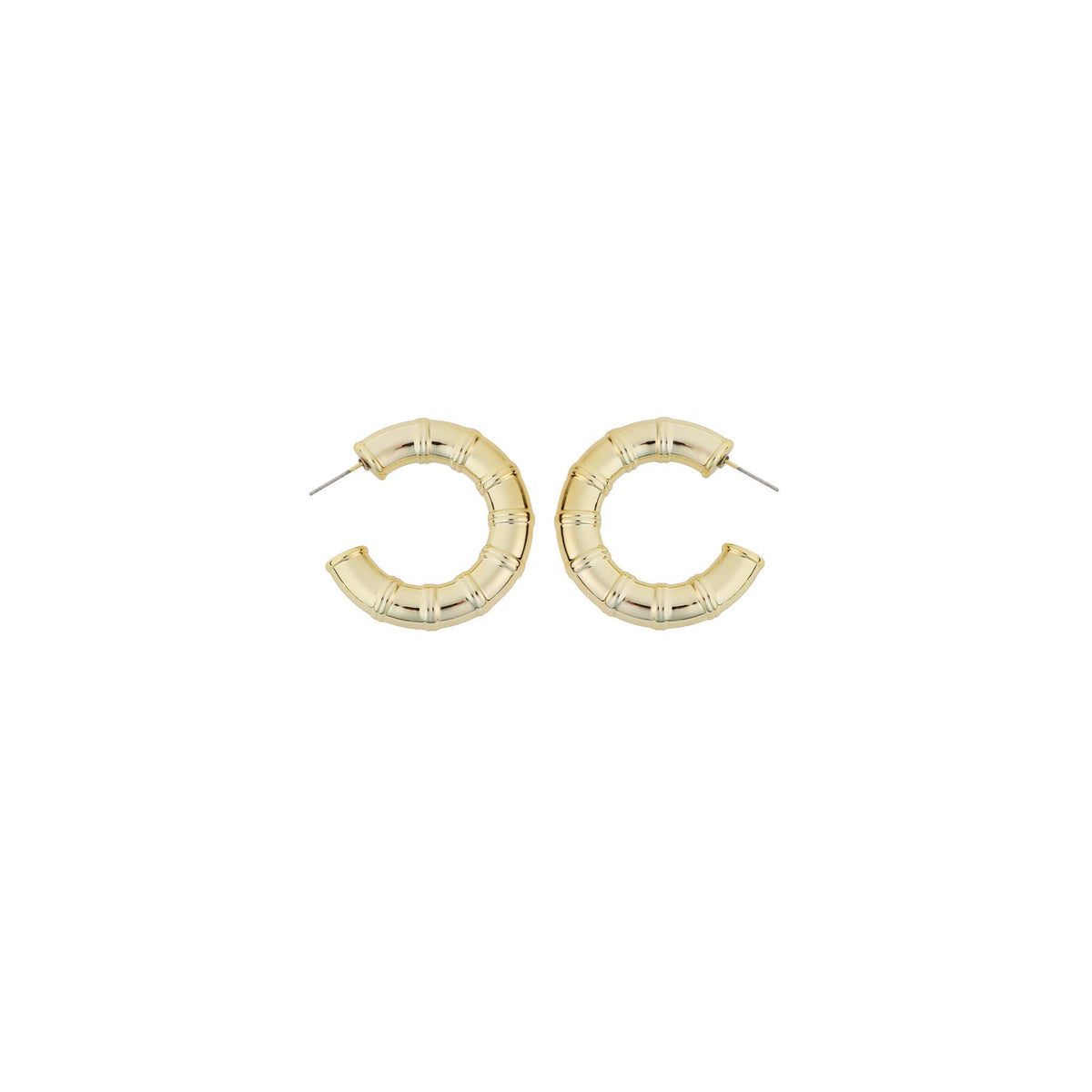Pannee Group gold bamboo post back hoop earrings with textured bamboo-inspired design, shown front-facing on a white background.