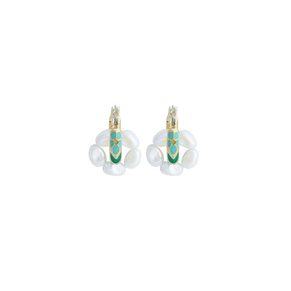 Pearl and Blue Floral Gold Hoop Earrings