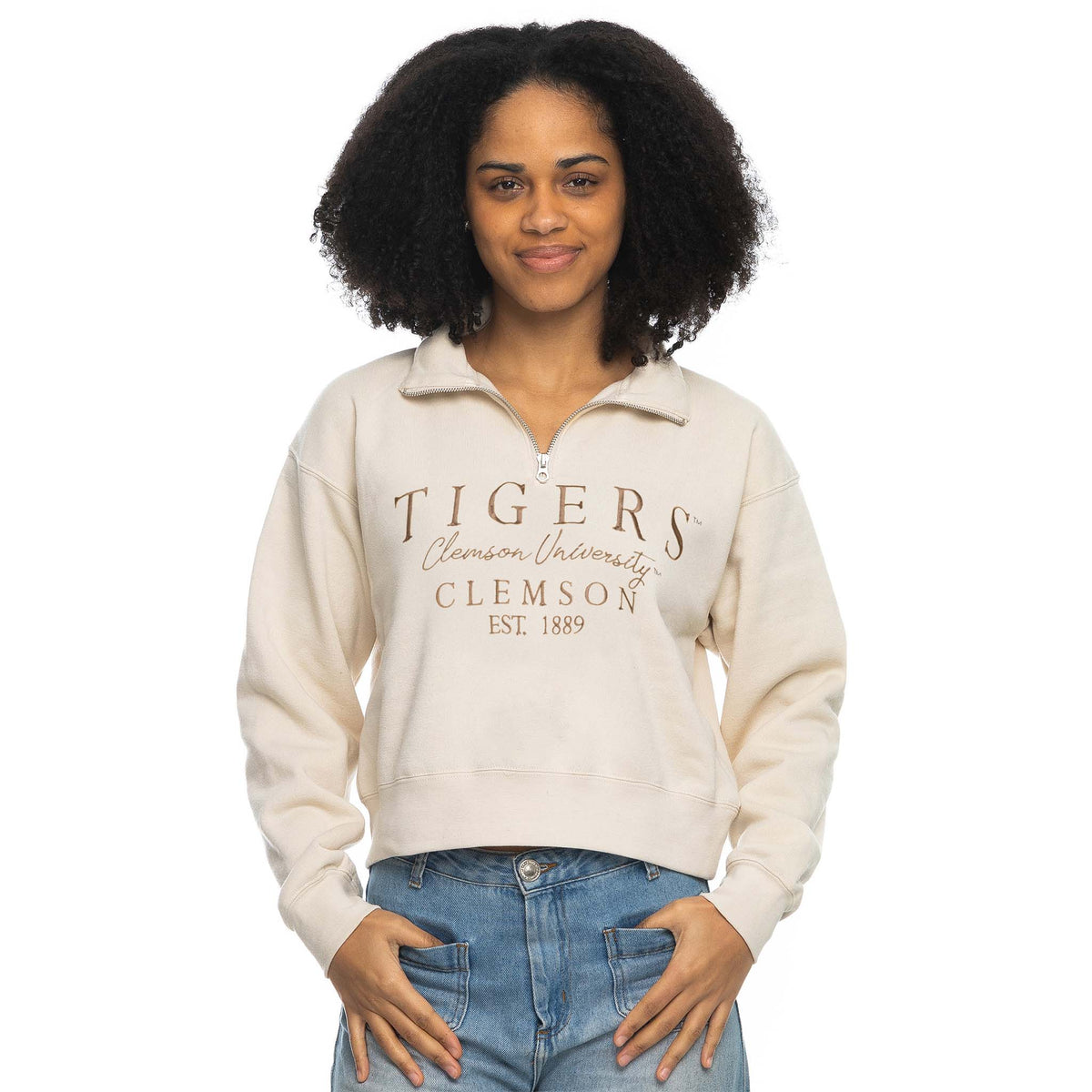 ZooZatz Clemson Cropped Quarter Zip Pullover in sand with dark khaki embroidered logo