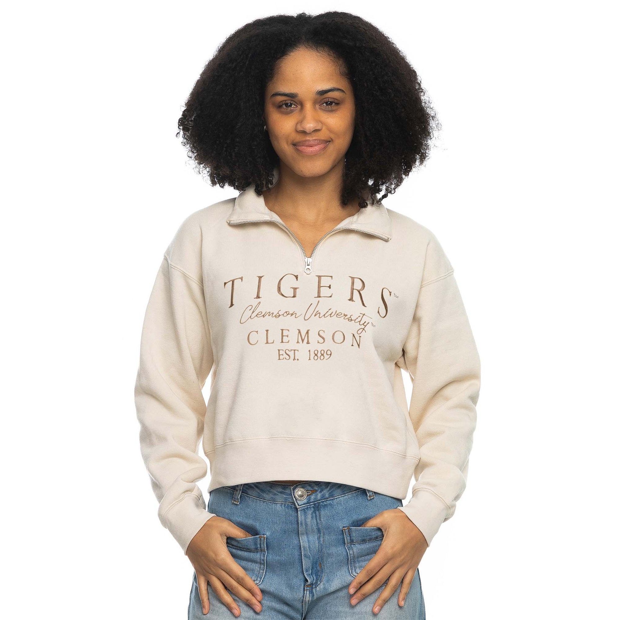 ZooZatz Clemson Cropped Quarter Zip Pullover in sand with dark khaki embroidered logo