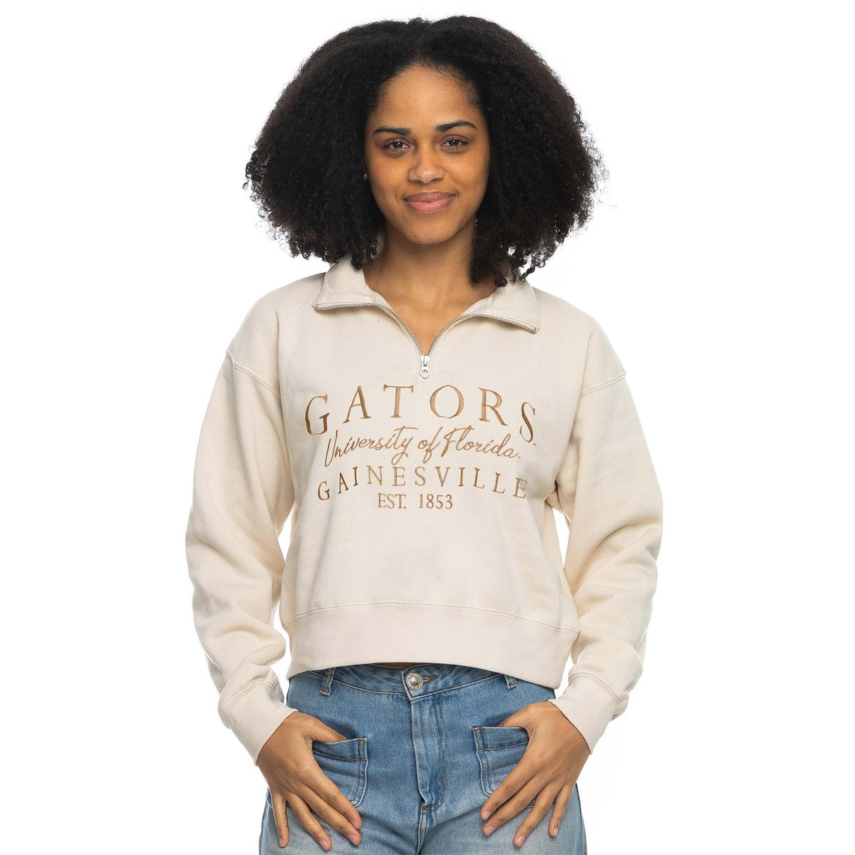 ZooZatz UF Cropped Quarter Zip Pullover in beige with dark khaki embroidery 