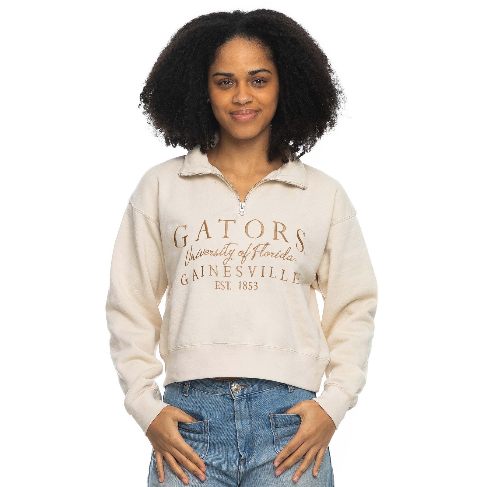 ZooZatz UF Cropped Quarter Zip Pullover in beige with dark khaki embroidery 