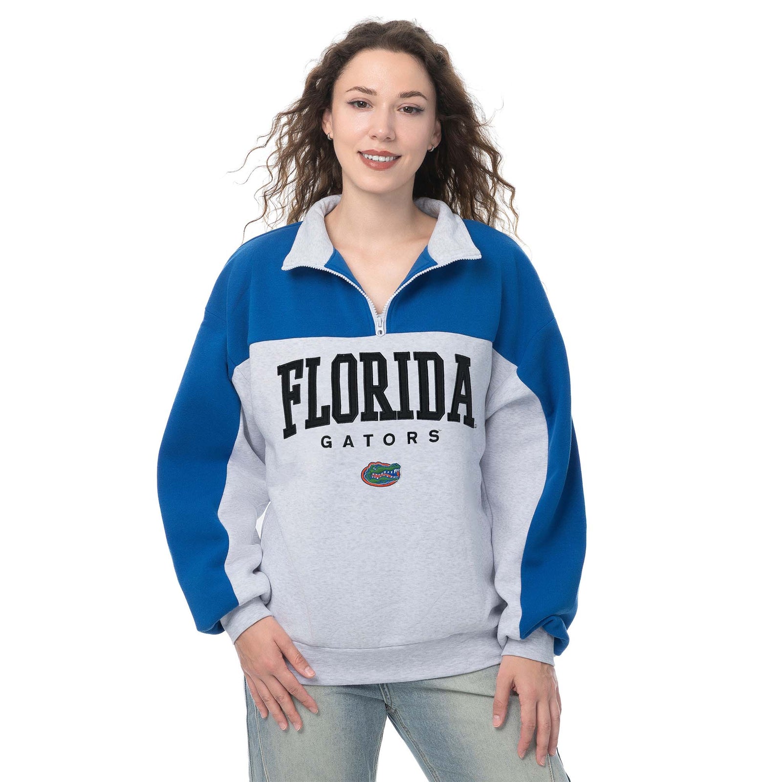 ZooZatz UF Huddle Quarter Zip Pullover with Contrast blue and gray colorblock design and collegiate style logo