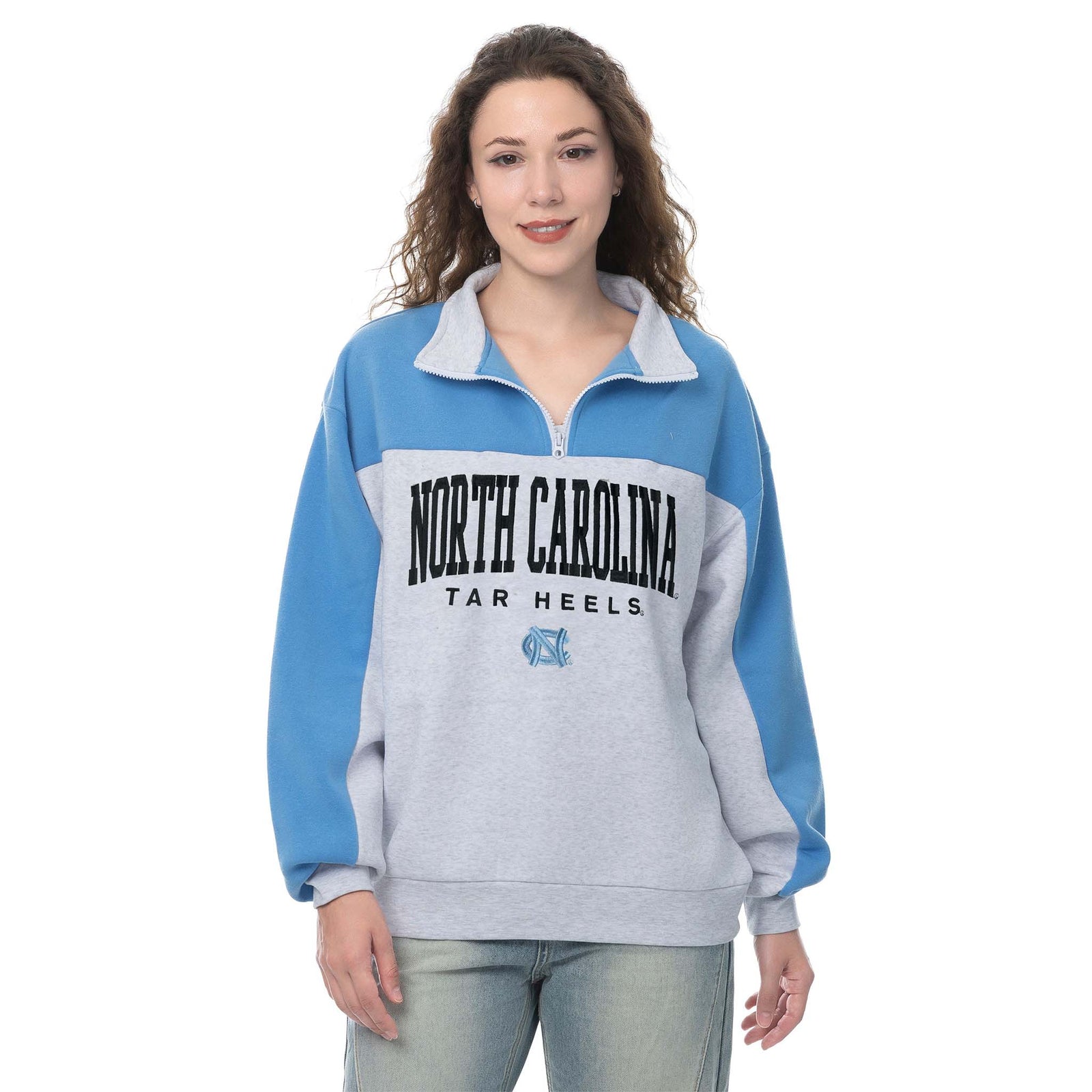 ZooZatz UNC Huddle Quarter Zip Pullover Contrast light blue and gray colorblock design and 1/4 zip collared neckline