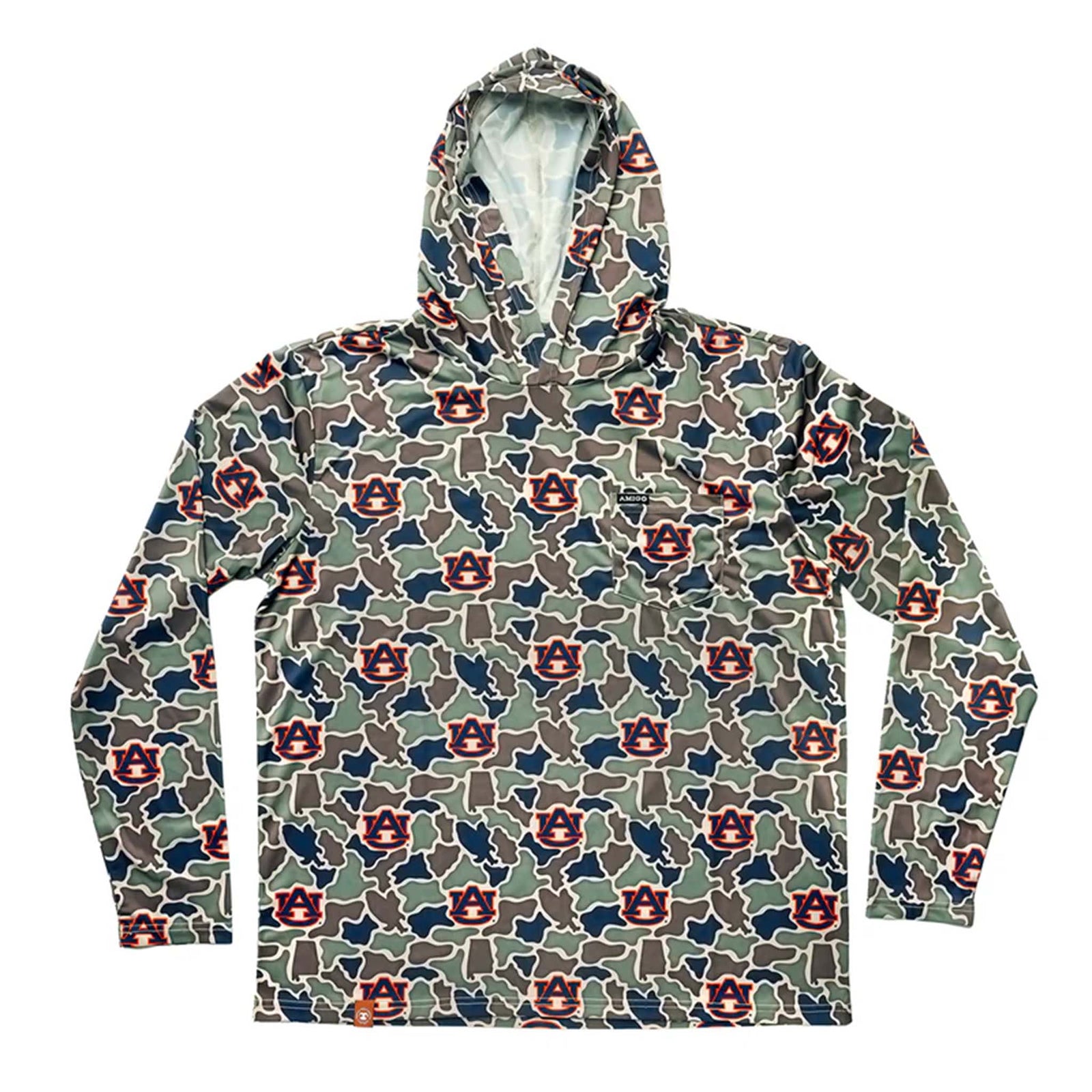 Front view of a hooded long sleeve shirt with an all-over Auburn University logo camo print in green, brown, and navy, featuring a front chest pocket.