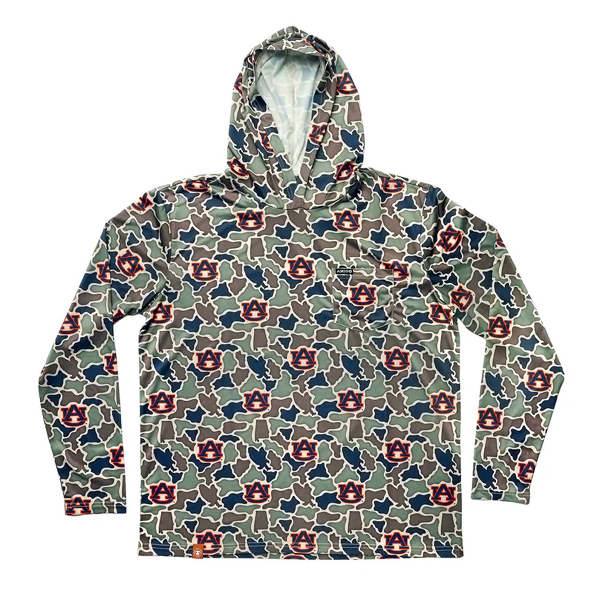 Front view of a hooded long sleeve shirt with an all-over Auburn University logo camo print in green, brown, and navy, featuring a front chest pocket.