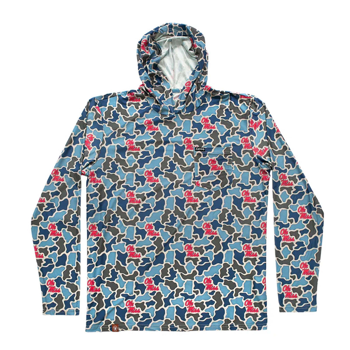 Front view of a long sleeve hoodie with all-over blue camo print and red “Ole Miss” logos, featuring a chest pocket with Amigo tag and stitched detailing.
