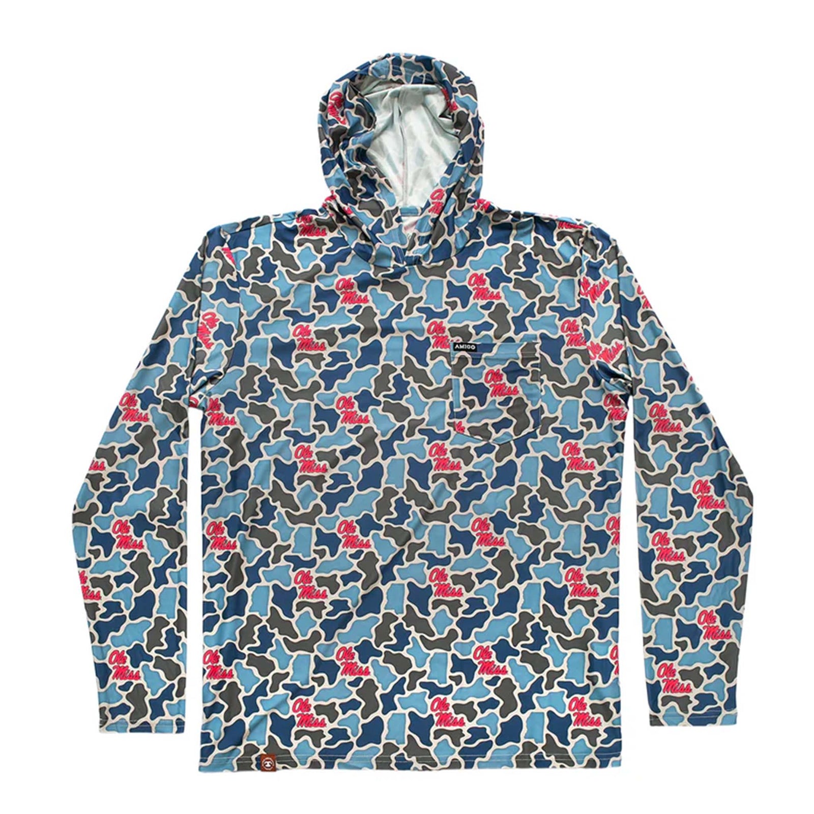 Front view of a long sleeve hoodie with all-over blue camo print and red “Ole Miss” logos, featuring a chest pocket with Amigo tag and stitched detailing.