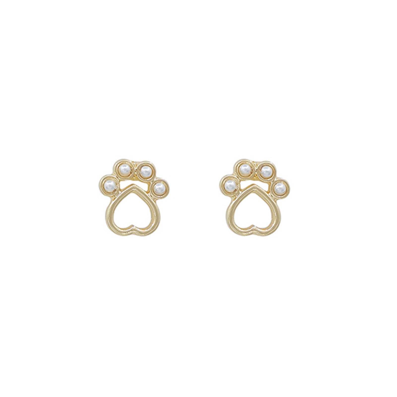 Gold paw shaped stud earrings.  The toes of the paws are tiny pearls.