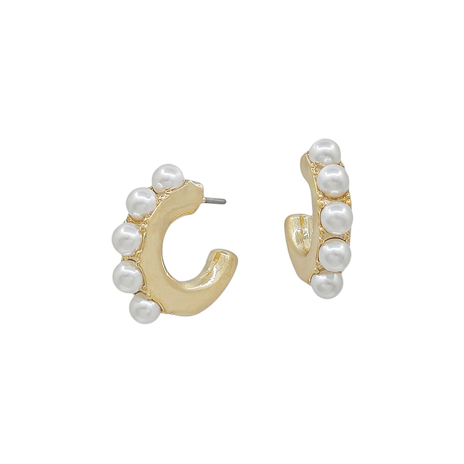 hoop shaped post gold earrings lined in pearls on the outer edge.