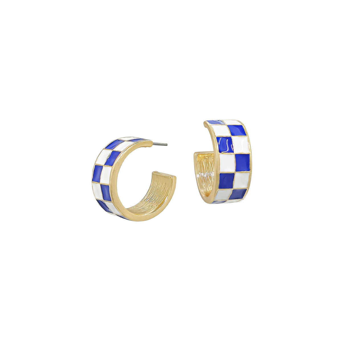Gold hoop earrings with blue and white checkered pattern on a white background
