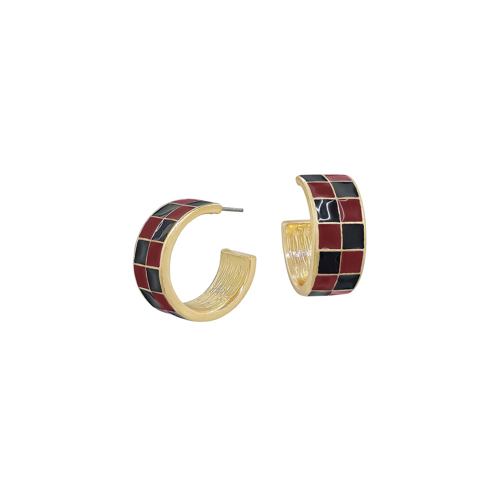 Gold hoop earrings with black and red checkered pattern on a white background