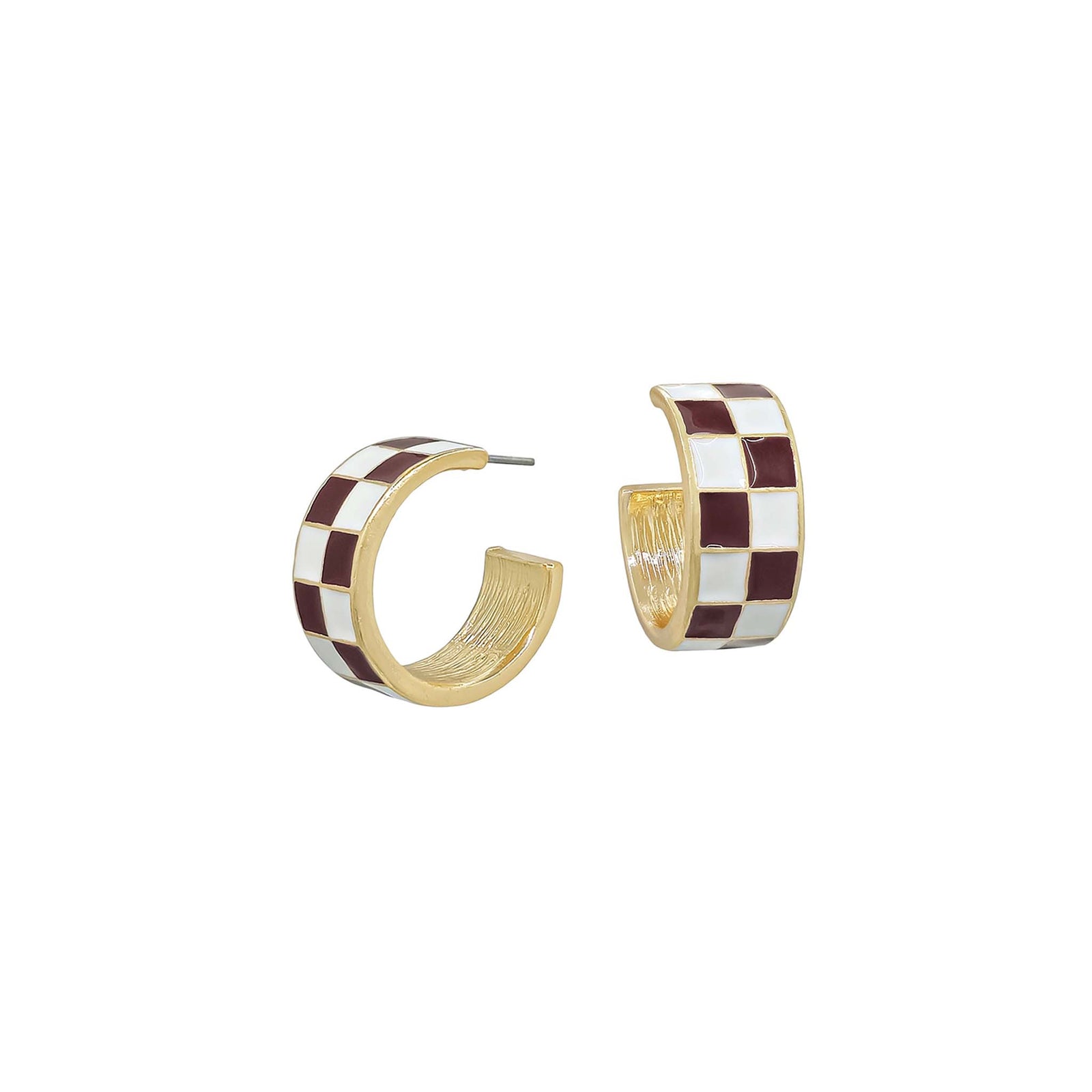 Checkered hoop earrings with gold trim on a white background
