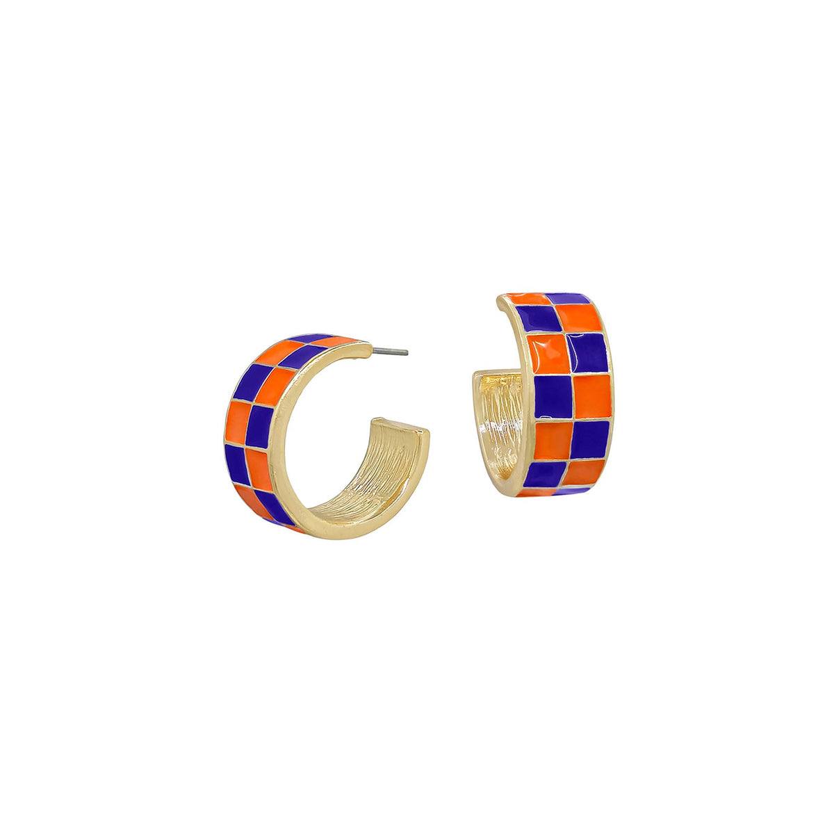 orange and blue checkered hoop earrings on a white background