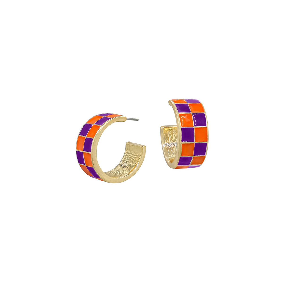 orange and purple checkered hoop earrings 