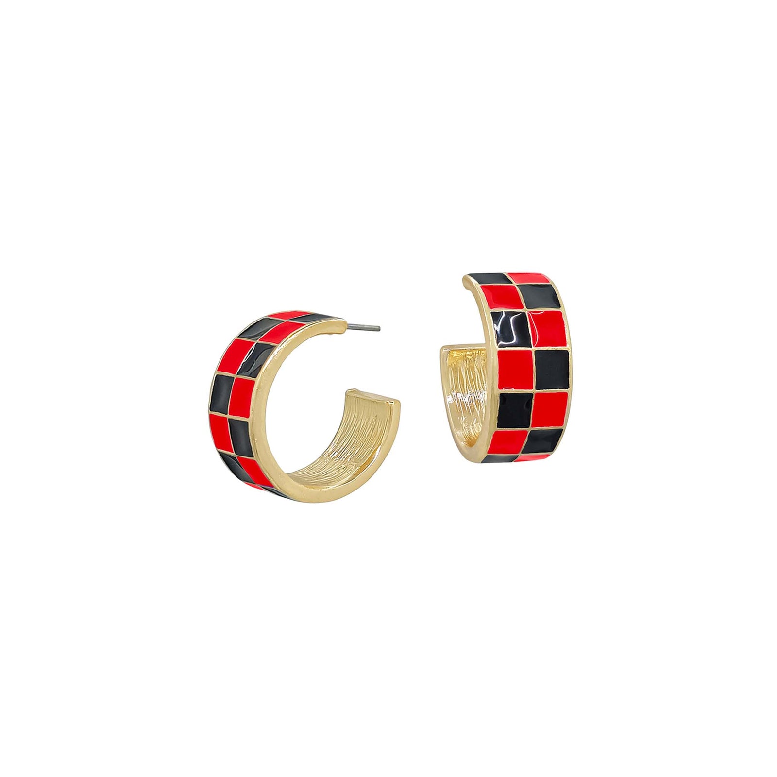 Hoop earrings with red and black checkered pattern on a white background