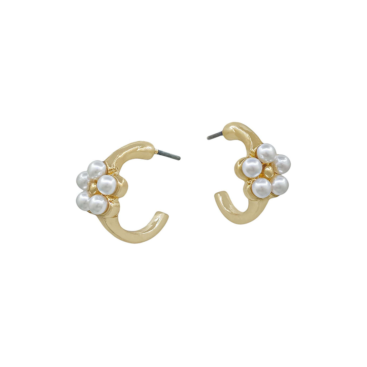 Pair of gold hoop earrings with pearl-like beads on a white background